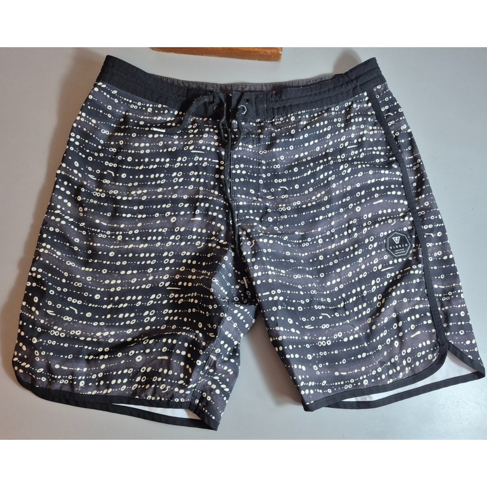 Vissla Mens Board Shorts 36 Waist Black Gray Circles Print Drawstring 9" Inseam